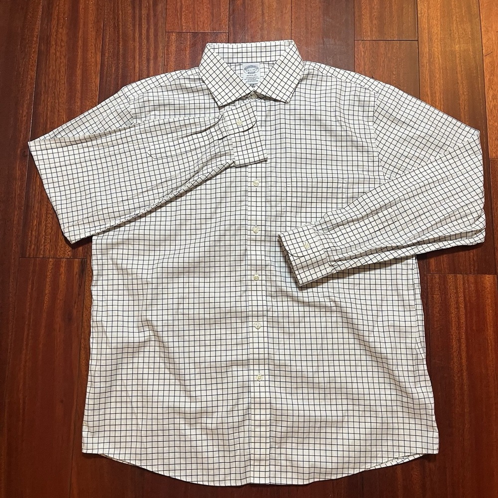 Brooks Brothers Shirt Mens 16.5 35 White Gray Check Plaid Non-Iron Stretch Reg - Picture 2 of 8
